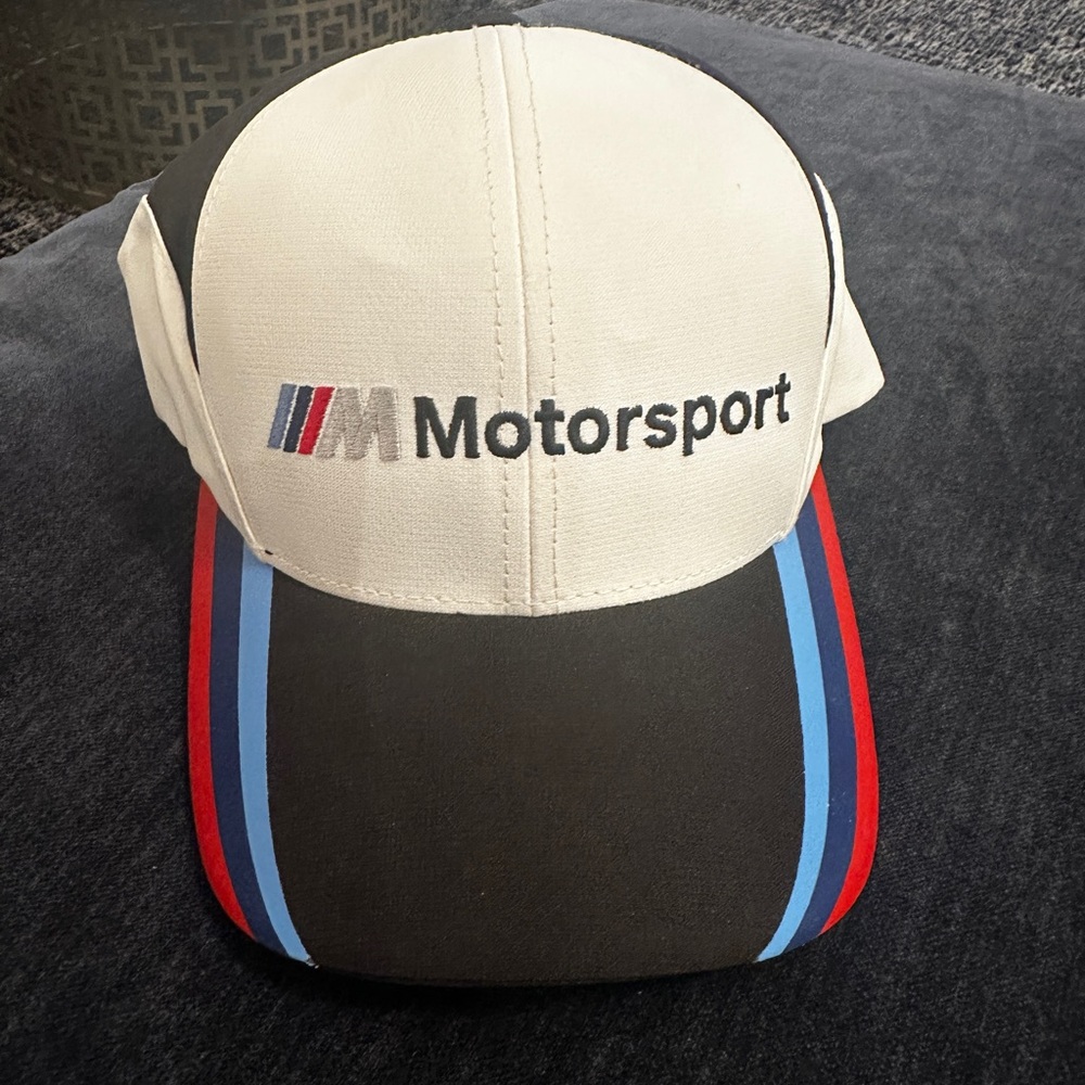 BMW M Motorsport Cap in White with Tricolor Stripe